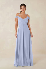 A-Line Off-the-Shoulder Chiffon Bridesmaid Dress in Ice | KISSBRIDAL