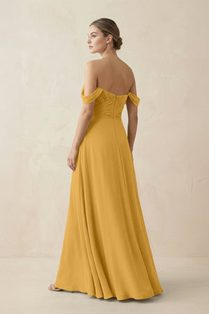 A-Line Off-the-Shoulder Chiffon Bridesmaid Dress in Marigold - SHE IS ME BRIDESMAID DRESSES