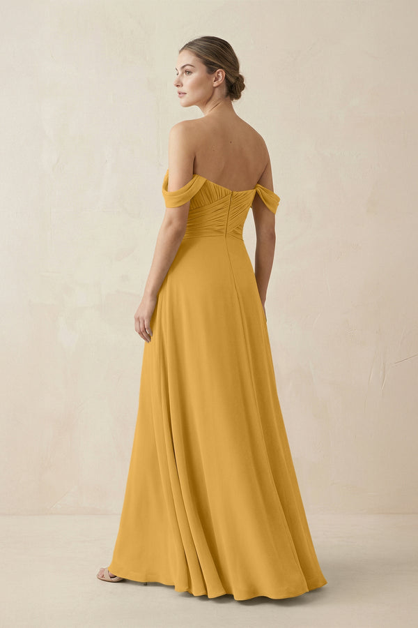 A-Line Off-the-Shoulder Chiffon Bridesmaid Dress in Marigold - SHE IS ME BRIDESMAID DRESSES