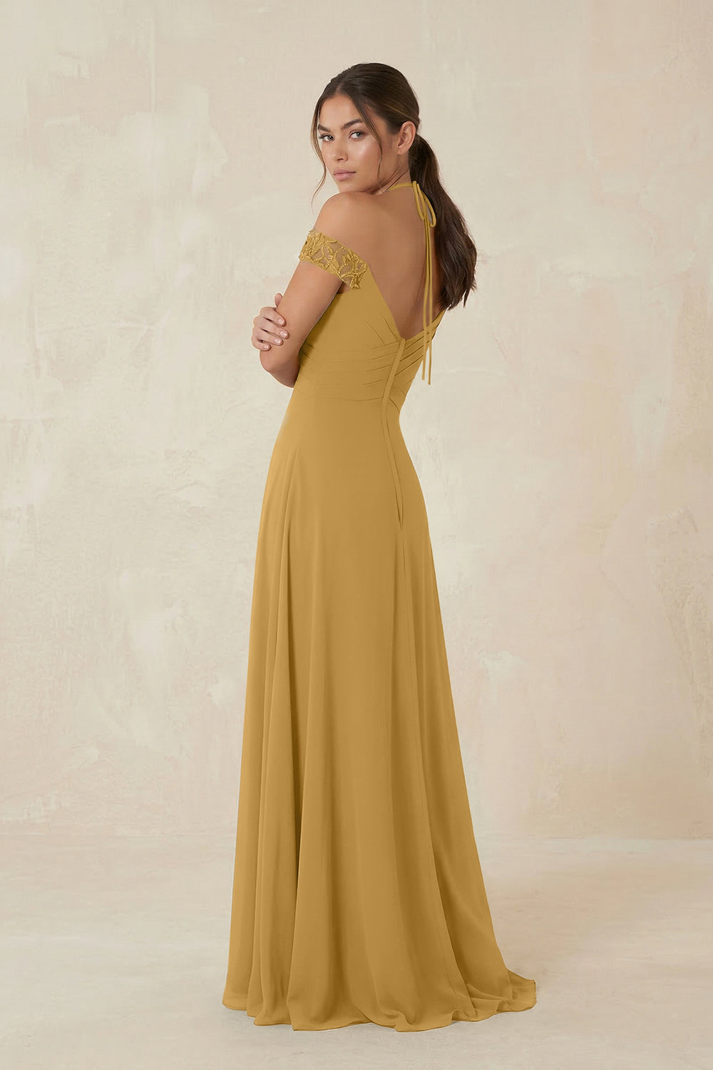 A-Line Off-the-Shoulder Chiffon Bridesmaid Dress in Marigold