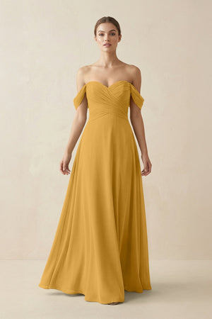 A-Line Off-the-Shoulder Chiffon Bridesmaid Dress in Marigold - SHE IS ME BRIDESMAID DRESSES