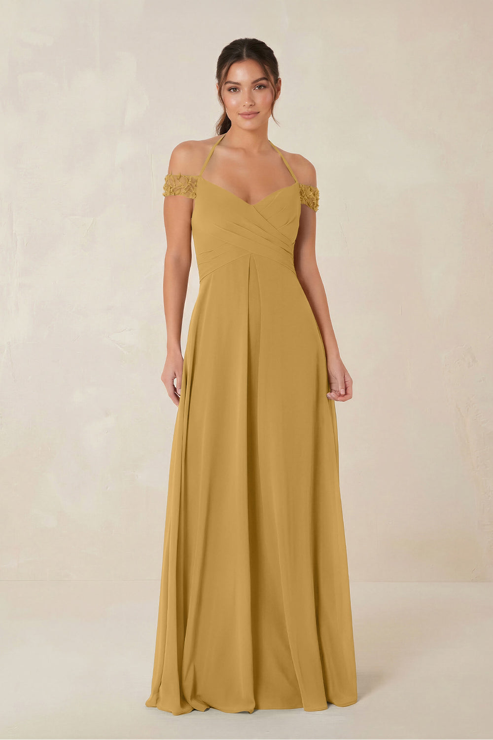 A-Line Off-the-Shoulder Chiffon Bridesmaid Dress in Marigold