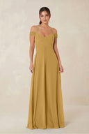 A-Line Off-the-Shoulder Chiffon Bridesmaid Dress in Marigold | KISSBRIDAL