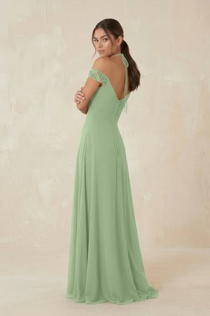 A-Line Off-the-Shoulder Chiffon Bridesmaid Dress in Matcha (2) | KISSBRIDAL