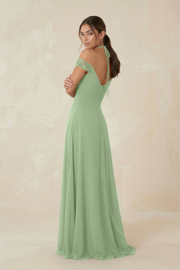 A-Line Off-the-Shoulder Chiffon Bridesmaid Dress in Matcha (2) | KISSBRIDAL