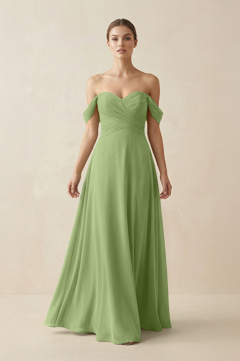 A-Line Off-the-Shoulder Chiffon Bridesmaid Dress in Matcha - KISS BRIDAL BRIDESMAID DRESSES