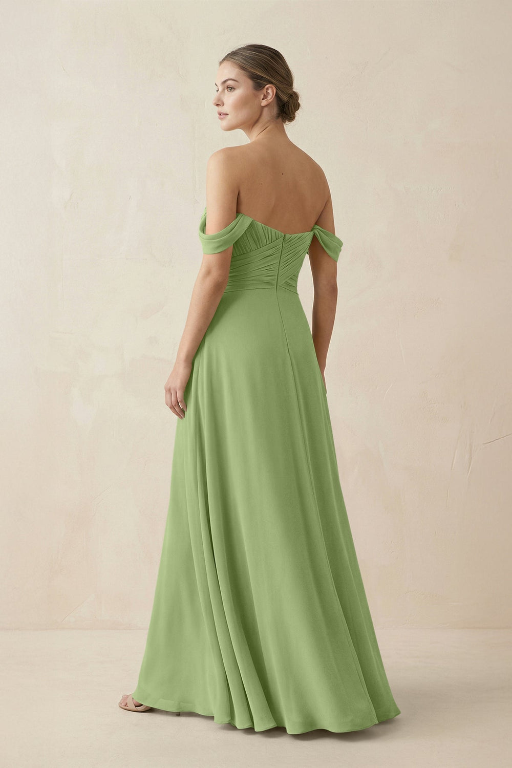 A-Line Off-the-Shoulder Chiffon Bridesmaid Dress in Matcha - KISS BRIDAL BRIDESMAID DRESSES