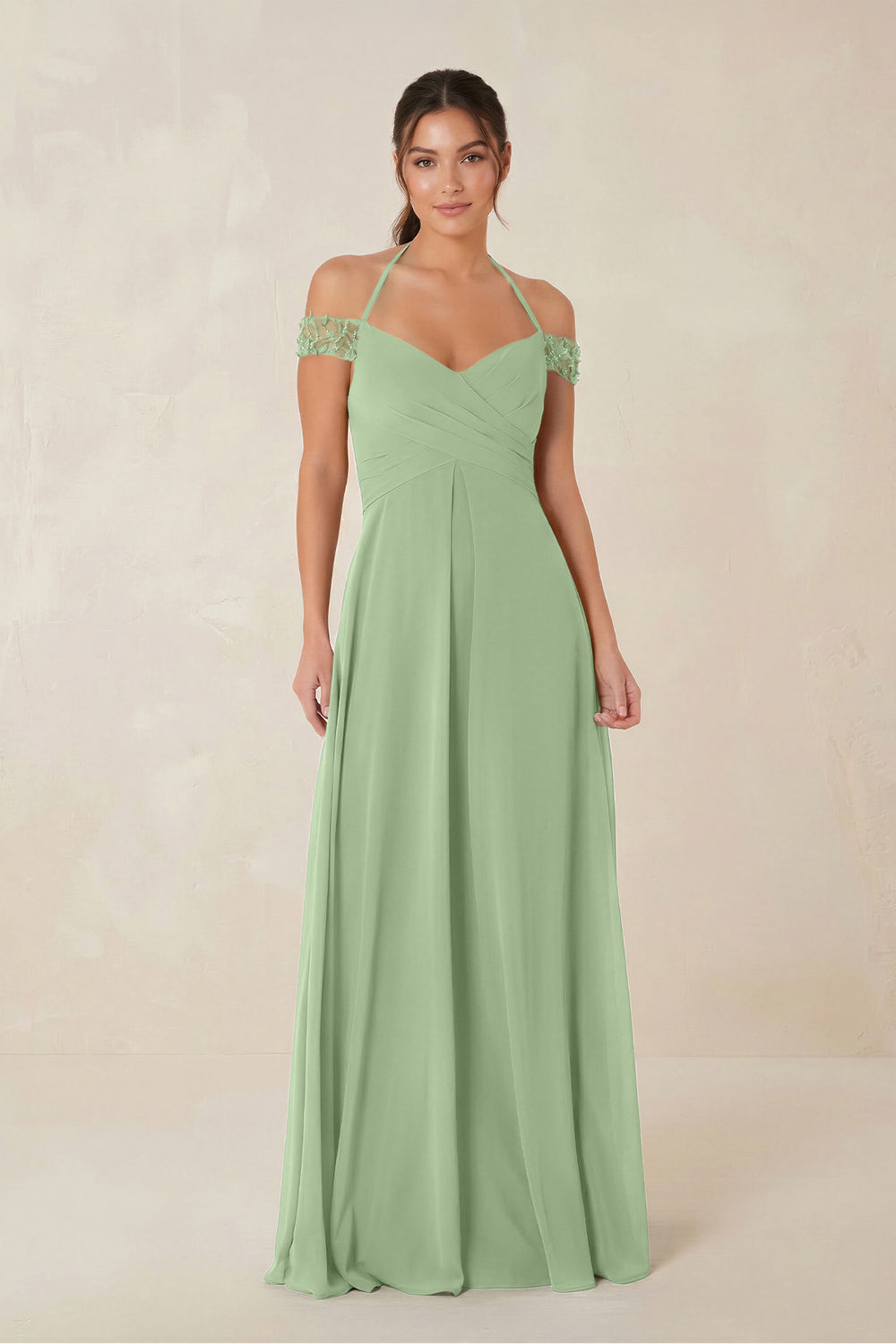 A-Line Off-the-Shoulder Chiffon Bridesmaid Dress in Matcha