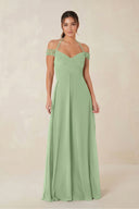 A-Line Off-the-Shoulder Chiffon Bridesmaid Dress in Matcha | KISSBRIDAL