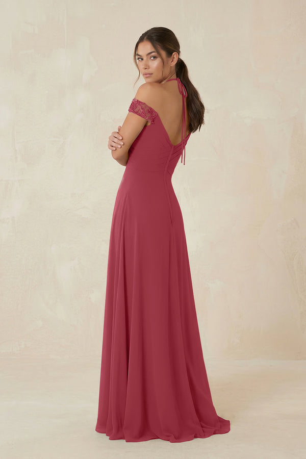 A-Line Off-the-Shoulder Chiffon Bridesmaid Dress in Merlot (2) | KISSBRIDAL
