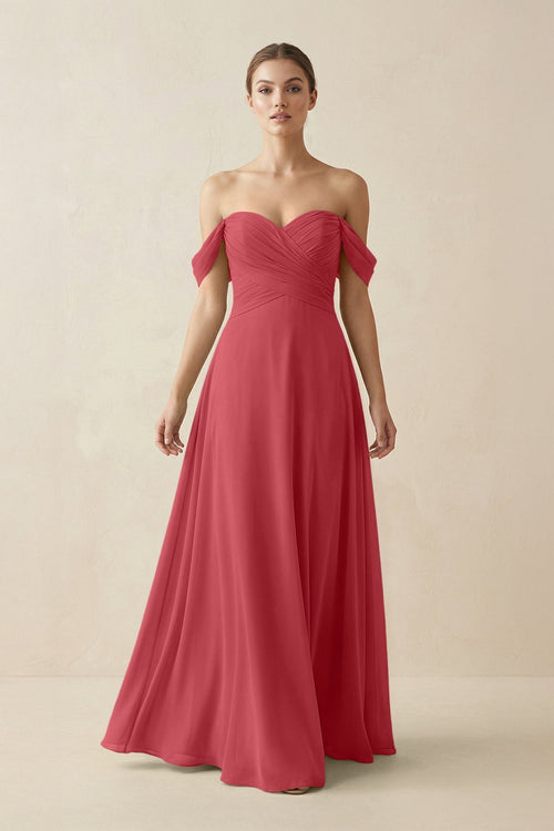 A-Line Off-the-Shoulder Chiffon Bridesmaid Dress in Merlot - SHE IS ME BRIDESMAID DRESSES