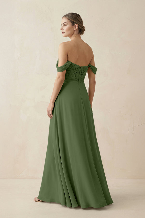 A-Line Off-the-Shoulder Chiffon Bridesmaid Dress in Moss (2) | KISSBRIDAL
