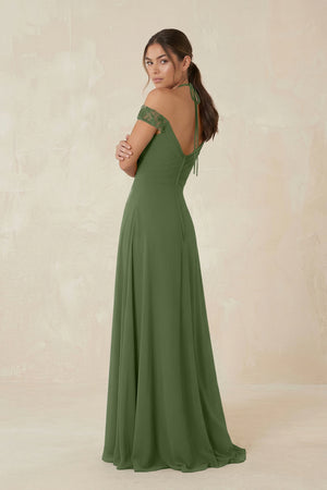 A-Line Off-the-Shoulder Chiffon Bridesmaid Dress in Moss (2) | KISSBRIDAL