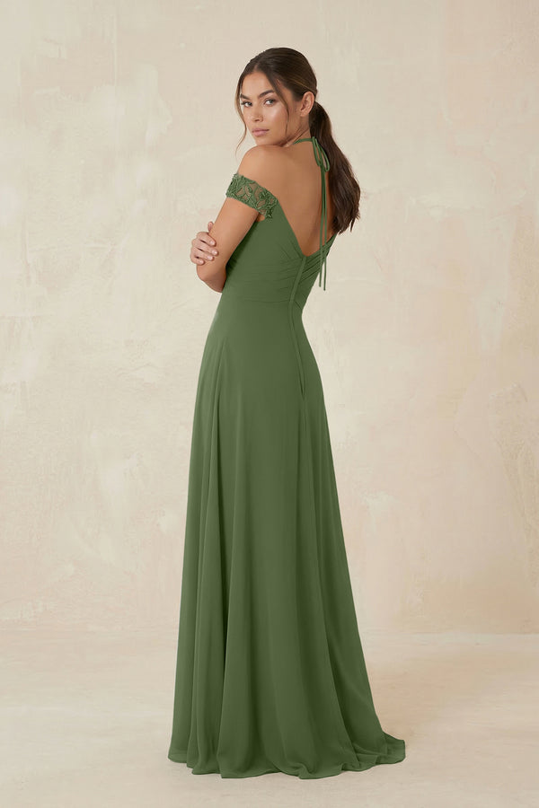 A-Line Off-the-Shoulder Chiffon Bridesmaid Dress in Moss (2) | KISSBRIDAL