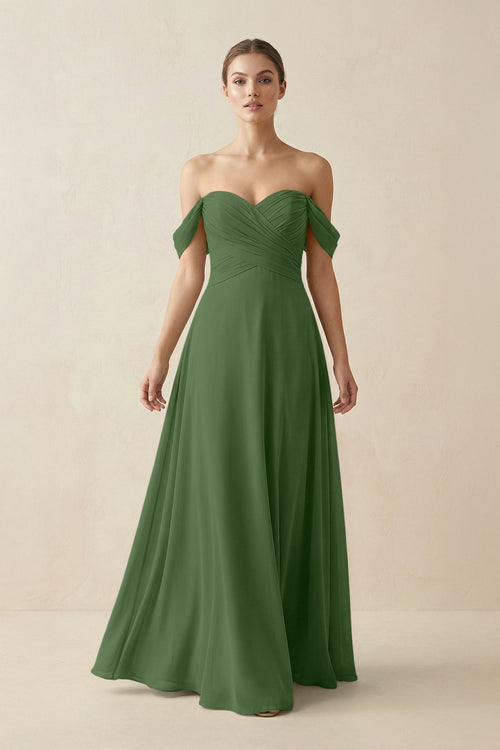 A-Line Off-the-Shoulder Chiffon Bridesmaid Dress in Moss - SHE IS ME BRIDESMAID DRESSES