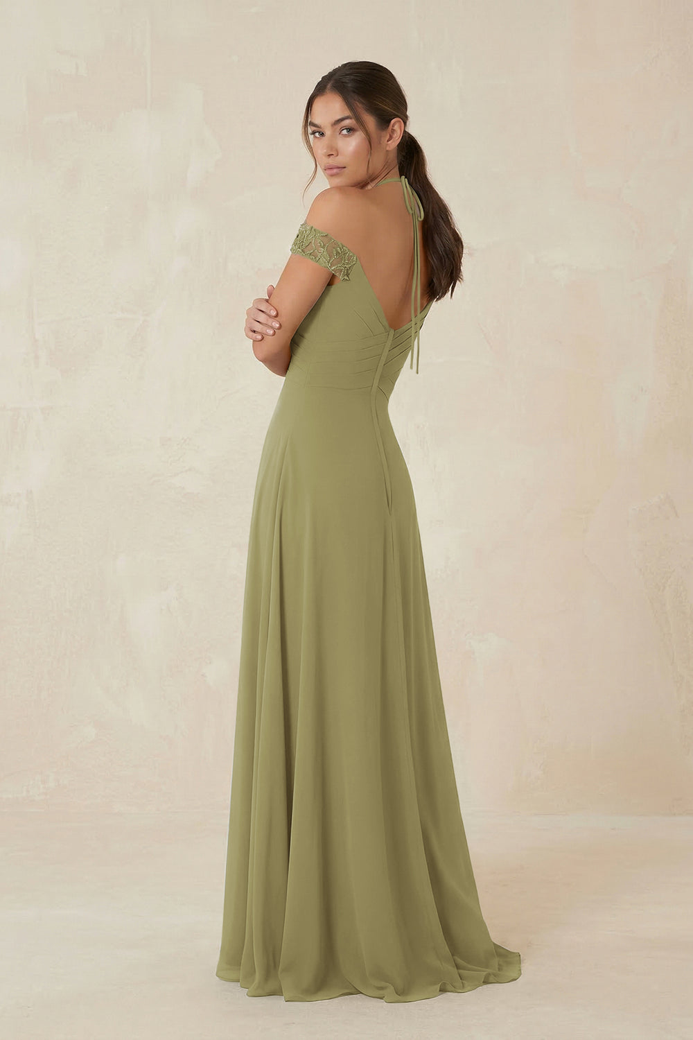 A-Line Off-the-Shoulder Chiffon Bridesmaid Dress in Moss Green