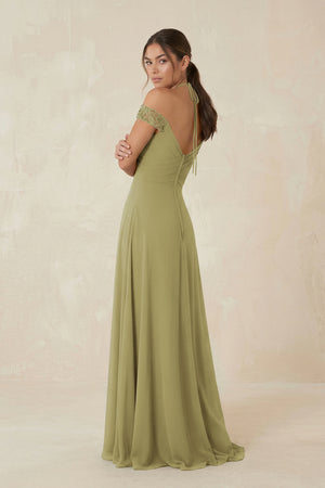 A-Line Off-the-Shoulder Chiffon Bridesmaid Dress in Moss Green (2) | KISSBRIDAL