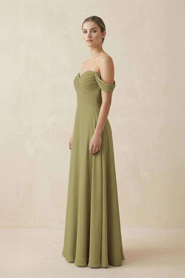 A-Line Off-the-Shoulder Chiffon Bridesmaid Dress in Moss Green (3) | KISSBRIDAL