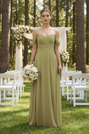 A-Line Off-the-Shoulder Chiffon Bridesmaid Dress in Moss Green (4) | KISSBRIDAL