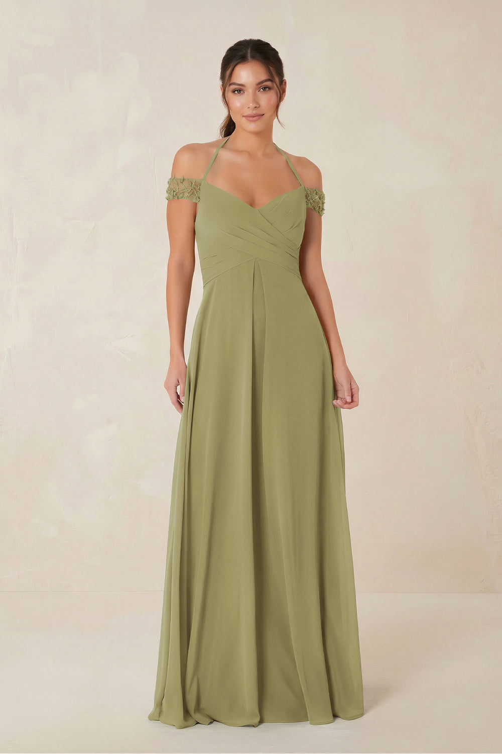 A-Line Off-the-Shoulder Chiffon Bridesmaid Dress in Moss Green