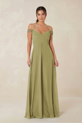 A-Line Off-the-Shoulder Chiffon Bridesmaid Dress in Moss Green | KISSBRIDAL