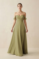A-Line Off-the-Shoulder Chiffon Bridesmaid Dress in Moss Green | KISSBRIDAL