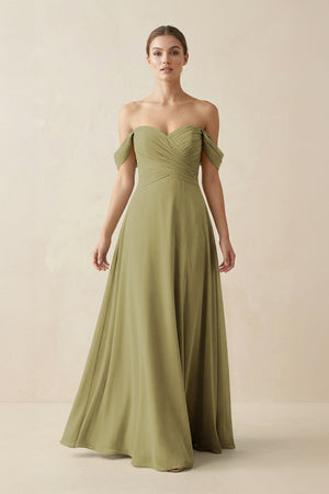 A-Line Off-the-Shoulder Chiffon Bridesmaid Dress in Moss Green | KISSBRIDAL