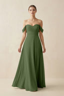 A-Line Off-the-Shoulder Chiffon Bridesmaid Dress in Moss | KISSBRIDAL