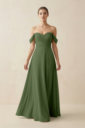 A-Line Off-the-Shoulder Chiffon Bridesmaid Dress in Moss | KISSBRIDAL