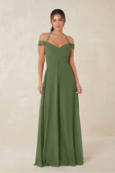 A-Line Off-the-Shoulder Chiffon Bridesmaid Dress in Moss | KISSBRIDAL