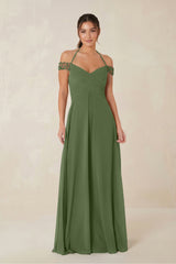 A-Line Off-the-Shoulder Chiffon Bridesmaid Dress in Moss | KISSBRIDAL