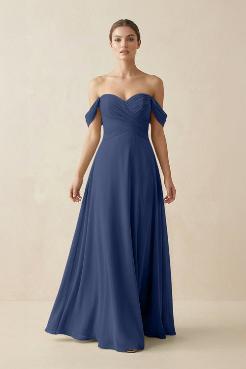 A-Line Off-the-Shoulder Chiffon Bridesmaid Dress in Navy - SHE IS ME BRIDESMAID DRESSES