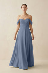 A-Line Off-the-Shoulder Chiffon Bridesmaid Dress in Neptune - KISS BRIDAL BRIDESMAID DRESSES