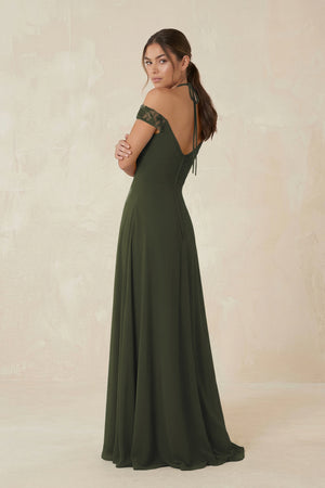 A-Line Off-the-Shoulder Chiffon Bridesmaid Dress in Olive (2) | KISSBRIDAL