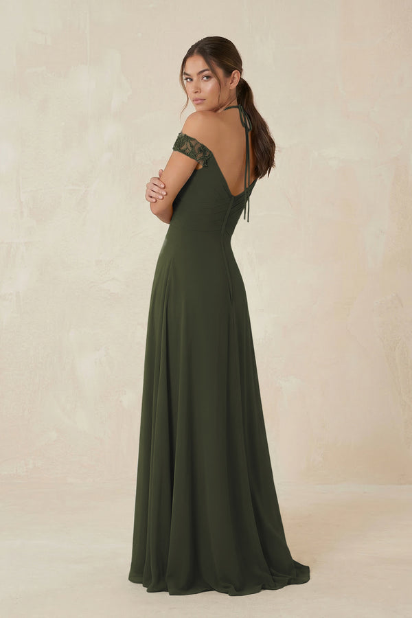 A-Line Off-the-Shoulder Chiffon Bridesmaid Dress in Olive (2) | KISSBRIDAL