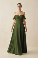 A-Line Off-the-Shoulder Chiffon Bridesmaid Dress in Olive - SHE IS ME BRIDESMAID DRESSES