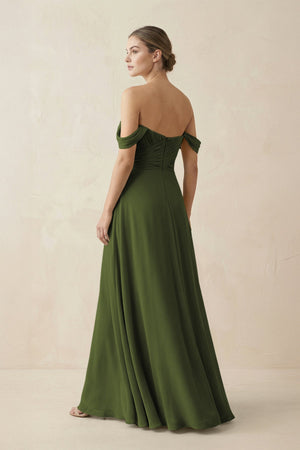 A-Line Off-the-Shoulder Chiffon Bridesmaid Dress in Olive - SHE IS ME BRIDESMAID DRESSES