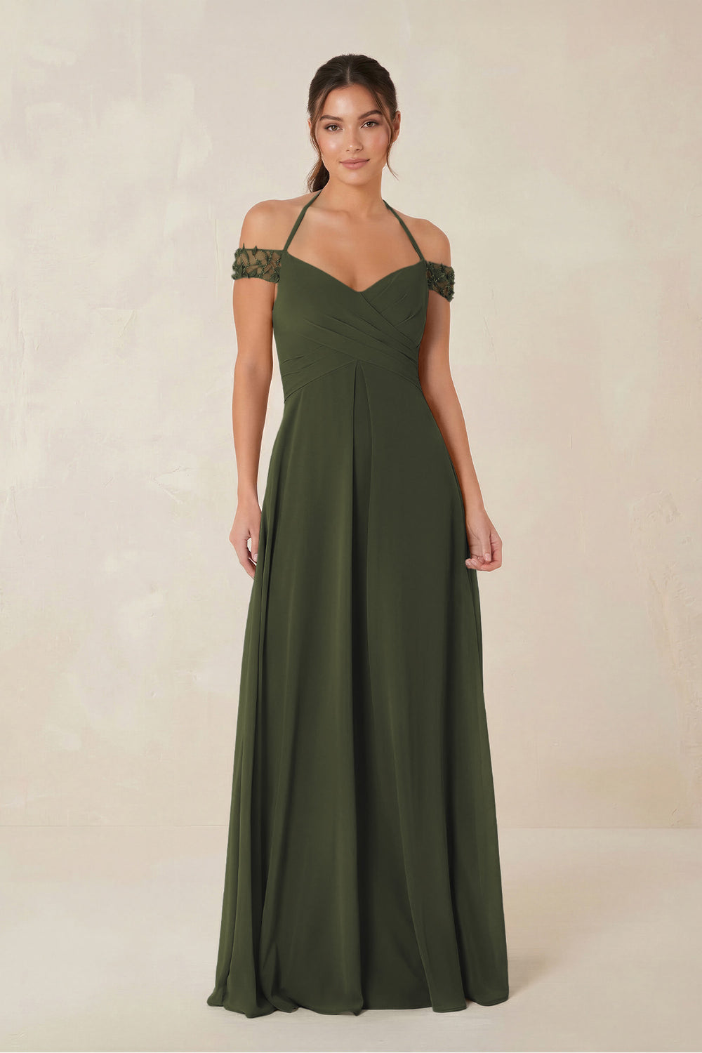 A-Line Off-the-Shoulder Chiffon Bridesmaid Dress in Olive