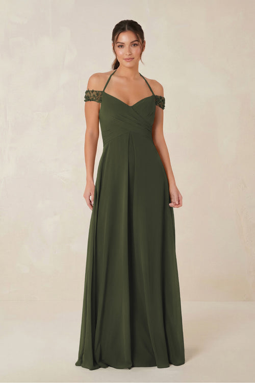 A-Line Off-the-Shoulder Chiffon Bridesmaid Dress in Olive | KISSBRIDAL
