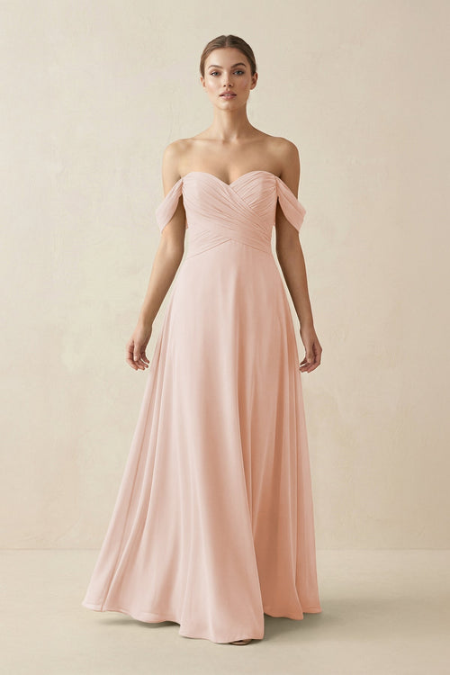 A-Line Off-the-Shoulder Chiffon Bridesmaid Dress in Pale Blush - SHE IS ME BRIDESMAID DRESSES