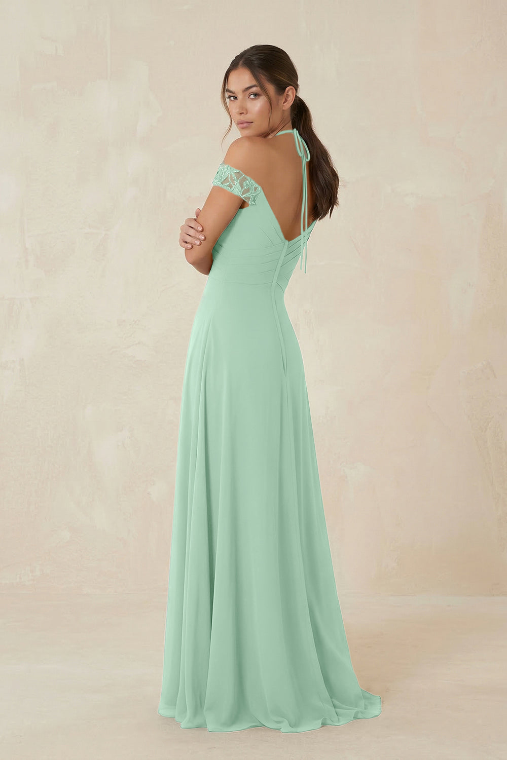 A-Line Off-the-Shoulder Chiffon Bridesmaid Dress in Pale Pistachio