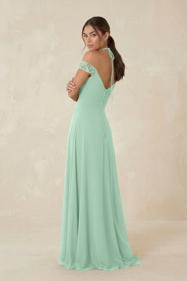 A-Line Off-the-Shoulder Chiffon Bridesmaid Dress in Pale Pistachio (2) | KISSBRIDAL