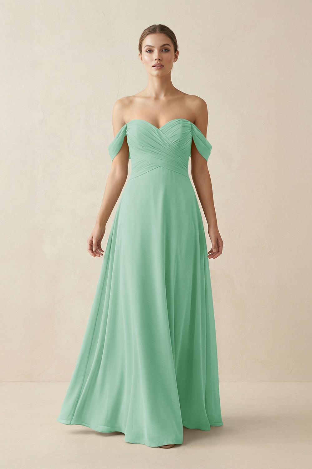 A-Line Off-the-Shoulder Chiffon Bridesmaid Dress in Pale Pistachio - SHE IS ME BRIDESMAID DRESSES