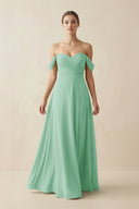 A-Line Off-the-Shoulder Chiffon Bridesmaid Dress in Pale Pistachio - SHE IS ME BRIDESMAID DRESSES