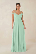 A-Line Off-the-Shoulder Chiffon Bridesmaid Dress in Pale Pistachio | KISSBRIDAL