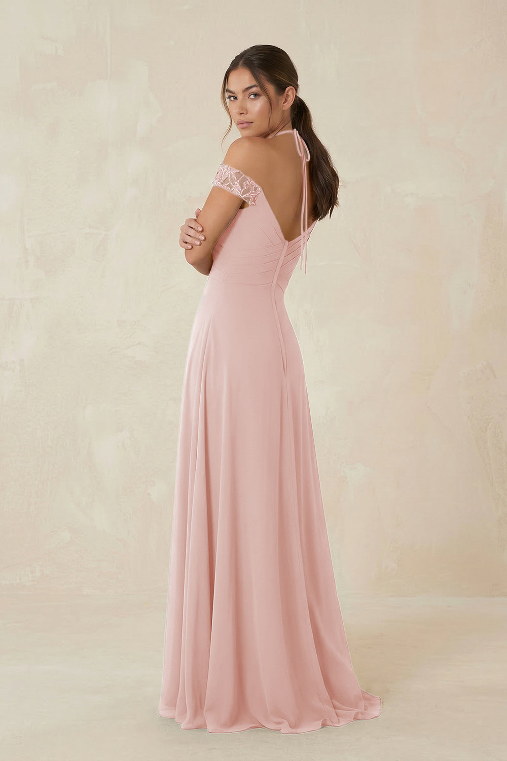 A-Line Off-the-Shoulder Chiffon Bridesmaid Dress in Rose Petal