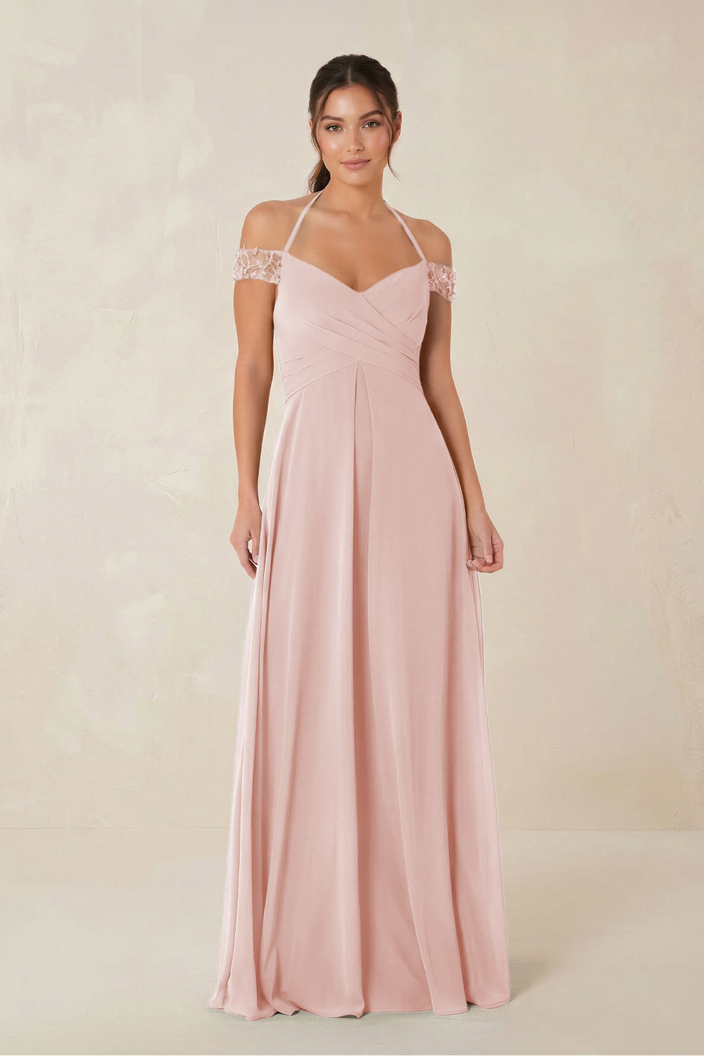 A-Line Off-the-Shoulder Chiffon Bridesmaid Dress in Rose Petal