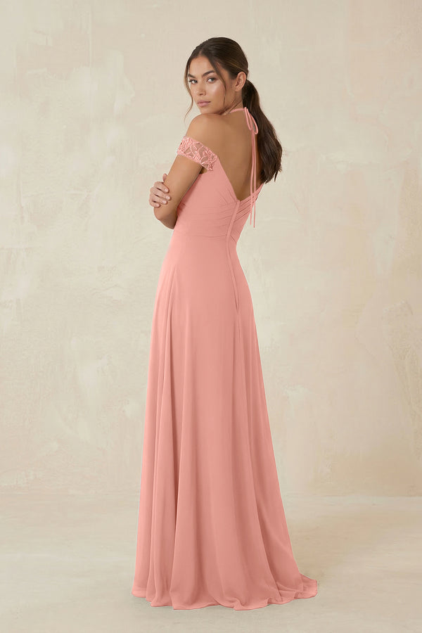 A-Line Off-the-Shoulder Chiffon Bridesmaid Dress in Rosette (2) | KISSBRIDAL