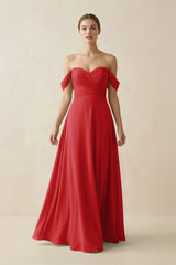 A-Line Off-the-Shoulder Chiffon Bridesmaid Dress in Ruby Red - KISS BRIDAL BRIDESMAID DRESSES