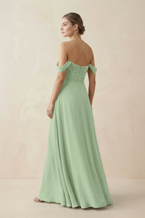 A-Line Off-the-Shoulder Chiffon Bridesmaid Dress in Sage - SHE IS ME BRIDESMAID DRESSES